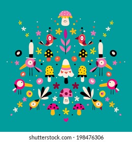 flowers, birds and mushrooms nature vector illustration