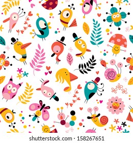 flowers, birds, mushrooms & snails characters nature pattern