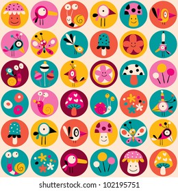 flowers, birds, mushrooms & snails pattern