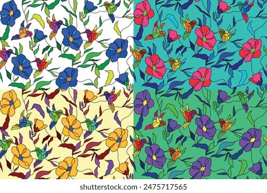 flowers and birds on colorful background, pattern