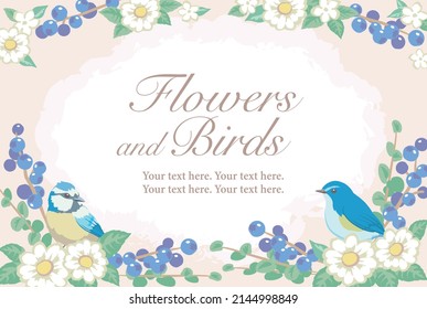 Flowers with birds. Romantic frame. Vector illustration.