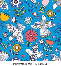 Flowers and birds in Scandinavian style. Seamless vector pattern. Seamless pattern can be used for wallpaper, pattern fills, web page background, surface textures.