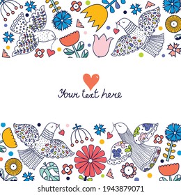  Flowers and birds in Scandinavian style. Summer motive. Card.