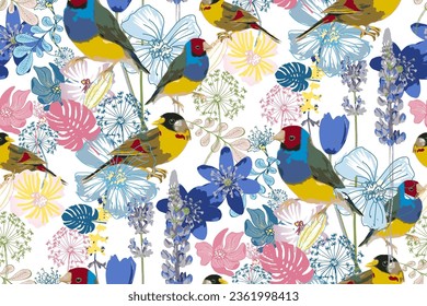 Flowers and birds. Seamless abstract pattern. Suitable for fabric, wrapping paper and the like.