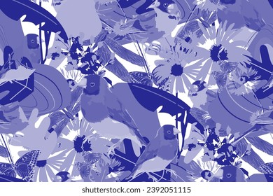 Flowers and birds. Seamless abstract pattern. In style Toile de Jou. Fashion textiles, fabric, packaging