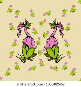 Flowers and birds seamless pattern.
Hand drawing. 