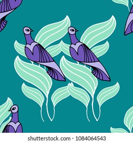 Flowers and birds seamless pattern.
Hand drawing. 