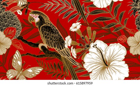 Flowers and birds seamless pattern. Hand drawing of wildlife. Print gold foil on red background. Exotic plants and parrots. Vector illustration art. Template for luxury fabrics, paper, summer textiles