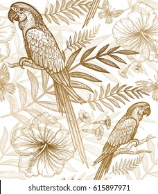 Flowers and birds seamless pattern. Hand drawing of wildlife. Print gold foil on white background. Exotic plants, parrots. Vector illustration art. Template for luxury fabrics, paper, summer textiles.