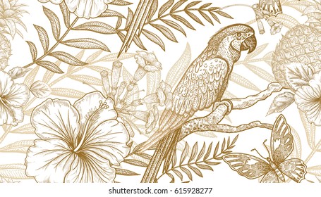 Flowers and birds seamless pattern. Hand drawing of wildlife. Print gold foil on white background. Exotic plants, parrots. Vector illustration art. Template for luxury fabrics, paper, summer textiles.