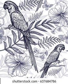 Flowers and birds seamless pattern. Hand drawing. Black and white. Exotic plants, palm branches, pineapples, hibiscus, butterflies, parrots. Vector art illustration for fabrics, paper, summer textiles