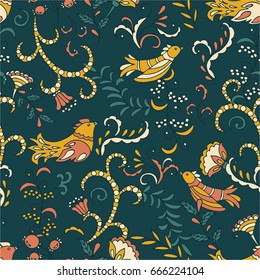 Flowers and birds seamless pattern vector. Colorful overlapping background. Hand drawn illustration, texture with decor elements. Design backdrop vector. Decorative wallpaper, good for printing