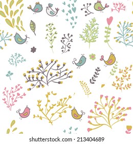 flowers and birds seamless texture pattern. Endless floral pattern. Can be used for wallpaper or pattern, backdrop, surface textures. Full color seamless floral background
