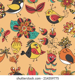 flowers and birds seamless texture pattern. Endless floral pattern. Can be used for wallpaper or pattern, backdrop, surface textures. Full color seamless floral background