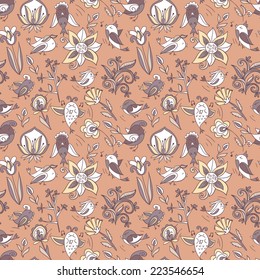 flowers and birds seamless texture pattern. Endless floral pattern. Can be used for wallpaper or pattern, backdrop, surface textures. Full color seamless floral background