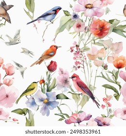 flowers and birds seamless watercolor pattern editable vintage retro vector flower seamless watercolor pattern handmade print wall paper fashion white floral plants and leafs flower garden floral art 