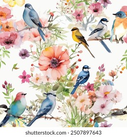 flowers and birds seamless watercolor pattern editable vintage retro vector flower seamless watercolor pattern handmade print wall paper fashion white floral plants and leafs flower garden floral art 