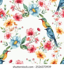 flowers and birds seamless watercolor pattern editable vintage retro vector flower seamless watercolor pattern handmade print wallpaper fashion white floral plants and leafs flower garden floral art 