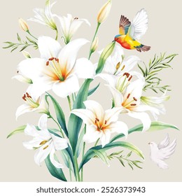 Flores y pájaros Patrón de acuarela sin fisuras editable Vintage Vector retro Patrón de acuarela sin fisuras Fondo de pantalla de impresión hecho a mano Moda Plantas florales blancas y hojas 