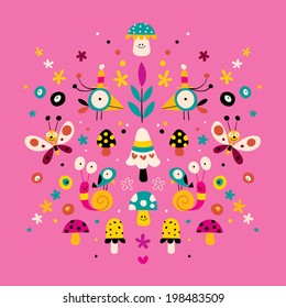 flowers, birds, snails, butterflies and mushrooms nature vector illustration