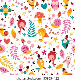 flowers birds snails characters nature seamless pattern
