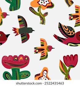 Flowers and birds stylized folk art elements Vector seamless overlapping pattern