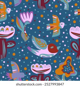 Flowers and birds stylized folk art elements Vector seamless overlapping pattern