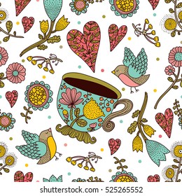 Flowers, birds and tea. Vector seamless pattern.