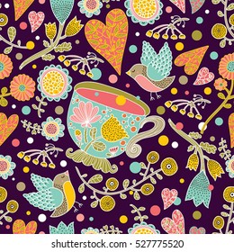 Flowers, birds and tea. Vector seamless pattern.