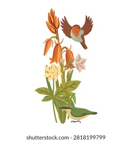 flowers and birds, vector drawing wild plants and robin at white background, hand drawn botanical illustration