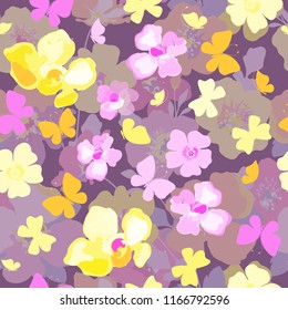 Flowers and bitterflies. Bright floral pattern for design fabric texture, wrapping, paper, wallpaper. 