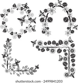 Flowers in black, corners vector set