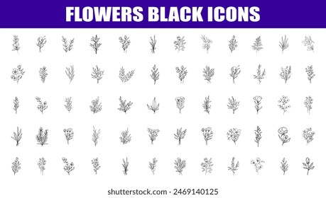 Flowers black icons. Hand drawn wedding herb, minimalistic flowers with elegant leaves. line art.
