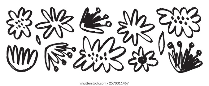 flowers black ink brush grunge drawing, monochrome botanical illustration isolated icons. Hand drawn floral vector elements clipart. Vector illustration