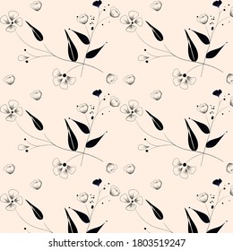 Flores y hojas negras patrón en el diseño de fondo de fondo de color desnudo.Iluminación vectorial.