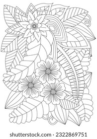  Flowers in black and white for coloring book. Coloring pages for adult. Floral doodle pattern in black and white for coloring.