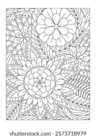  Flowers in black and white for coloring book. Coloring pages for adult. Floral doodle pattern in black and white for coloring.