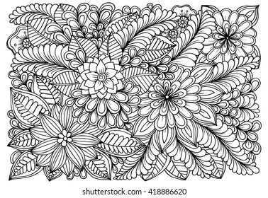 Flowers in black and white. Doodle art for coloring book