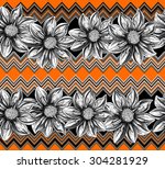 Flowers black and white outline on a geometrical pattern orange color. Seamless pattern in retro graphic style.