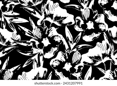 Patrón de flores en blanco y negro.  Fondo abstracto floral patrón. Flores siluetas vector patrón sin fisuras