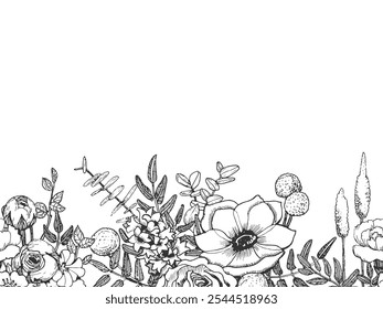 Flores preto e branco fronteira sem costura. Composição de anêmona, rosa, jacinto, alstroemeria e craspedia com folhas. Ilustração de casamento vetorial desenhada à mão com tinta