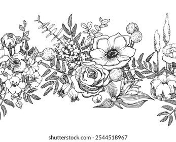 Flores preto e branco fronteira sem costura. Composição de anêmona, rosa, jacinto, alstroemeria e craspedia com folhas. Ilustração de casamento vetorial desenhada à mão com tinta