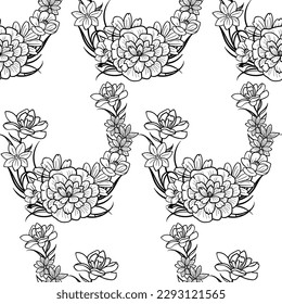 Flowers black and white tattoo seamless pattern