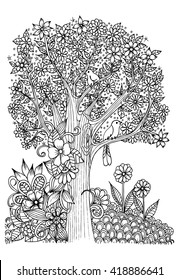 Flowers in black and white. Tree with birds. Doodle art for coloring book