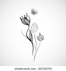 Flowers. Black and white vector  illustration.