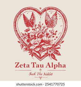 Flowers Bloom in heart shape. zeta tau alpha, seek the Nobels slogan print. bird wing in rose. girls youth print design