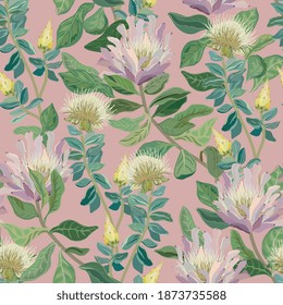 Flowers bloom seamless vector pattern. Square floral background. Surface design for fabric, wallpaper, wrapping paper. Green and pink colors.