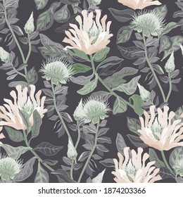 Flowers bloom seamless vector pattern. Square floral background. Surface design for fabric, wallpaper, wrapping paper. Pale pastel and grey colors.