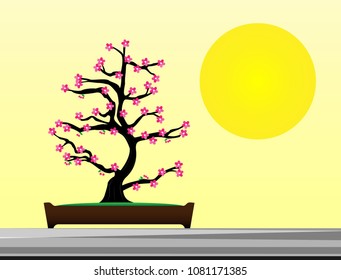 Flowers bloom Tree with full moon
