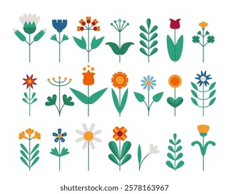 Flowers blooming plants set in traditional folk Scandinavian style vector illustration. Ethnic floral design element classic art collection, hygge botanic creative minimal ornaments retro decor